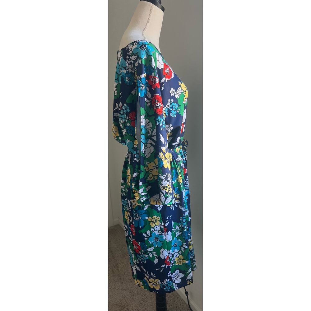 Vibrant Retro Floral Multicolor 3/4 Slit Sleeves Tie Waist MIDI Dress Sz XL - Picture 4 of 8